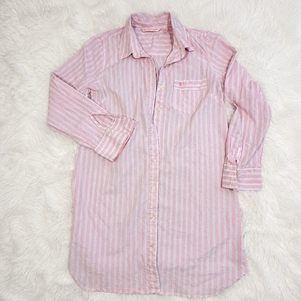 Victorias Secret Sleep Shirt Womens S Pink Cotton Striped Metallic Boyfriend Fit - Picture 8 of 13